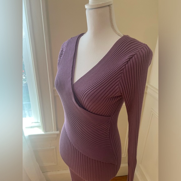 Purple Bodycon Knit Wrap Midi Sweater Dress - Picture 2 of 5